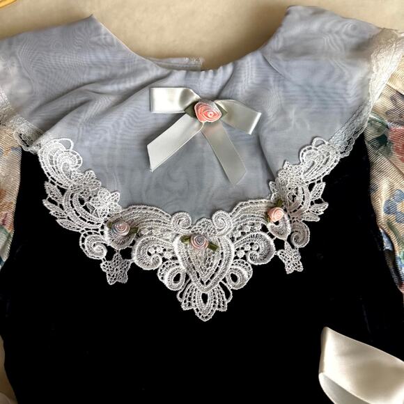 Vintage 90s Piano Kids Fashion Dress Girls 8 Multi Floral Print Lace Bow Party - Picture 3 of 4